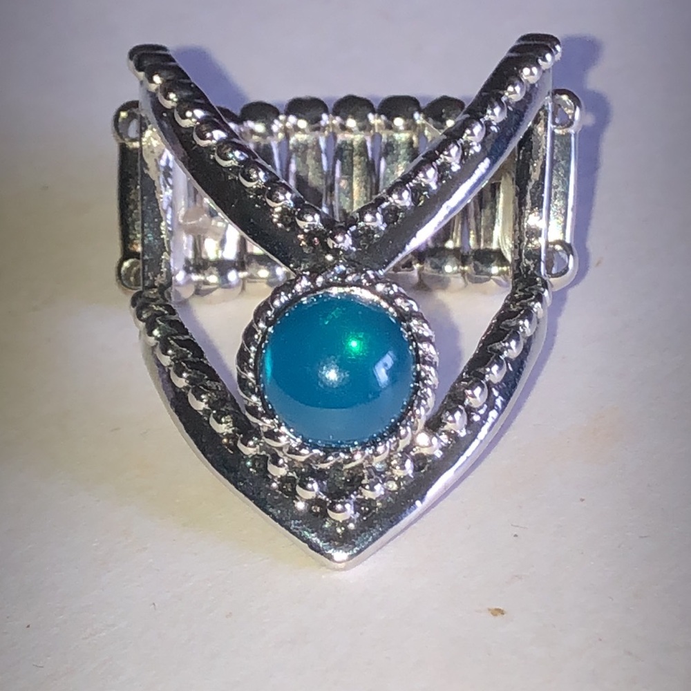 Silver-tone Boho Teardrop Ring with Blue Cabochon